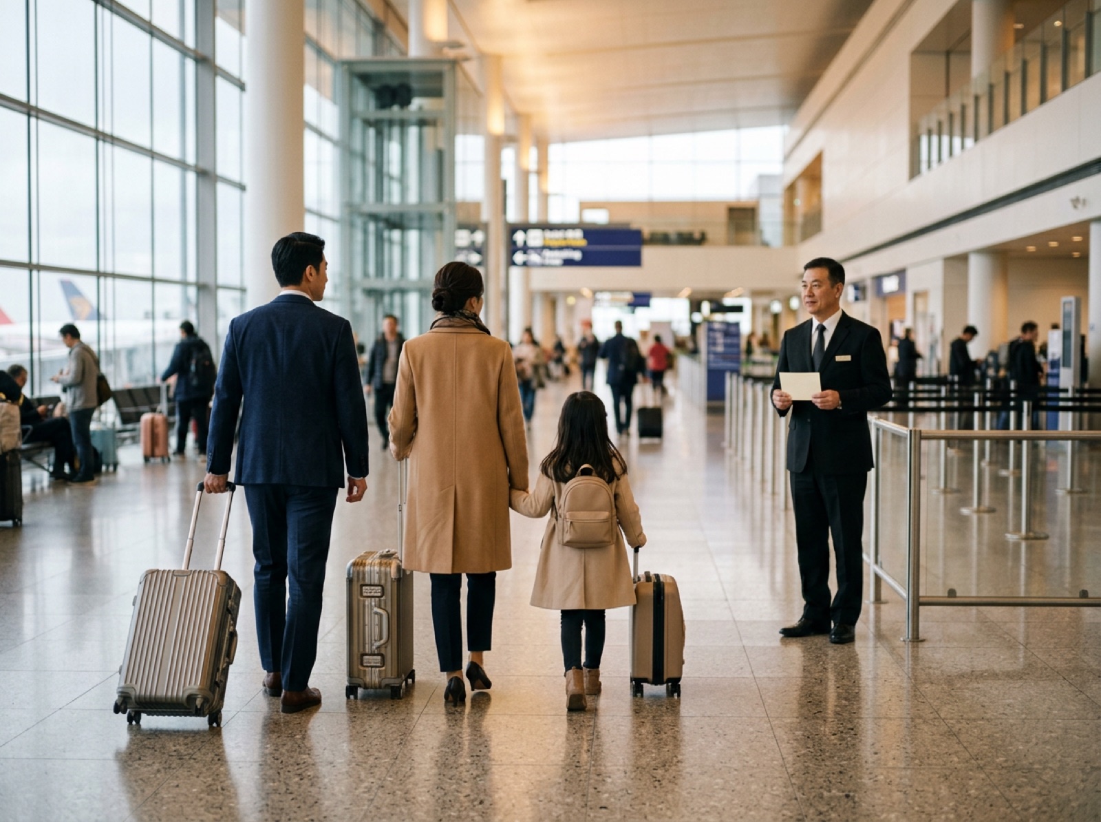 Family arriving at Singapore airport, met by their driver