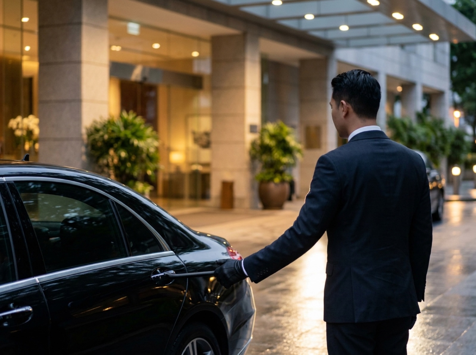Chauffeur opening the door of a private car outside a Singapore hotel